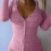 Women's Pajamas Onesie Jumpsuit One Piece Pajama Pure Color Simple Comfort Soft Home Daily Bed Knit Warm V Wire Long Sleeve Button Fall Winter Pink Gray