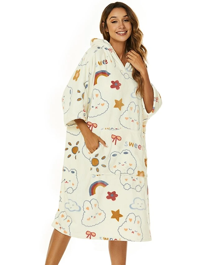 Women's Robes Gown Cartoon Comfort Home Polyester Comfort Hoodie Short Sleeve Pullover Pocket Hoodie Summer Beige 3 Women's Robes Gown Cartoon Comfort Home Polyester Comfort Hoodie Short Sleeve Pullover Pocket Hoodie Summer Beige - Image 3