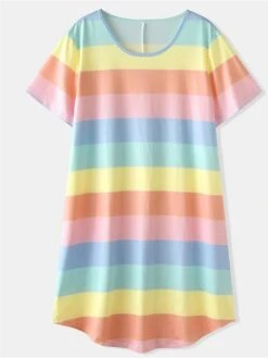 Women's Pajamas Nightgown Dress Rainbow Stripe Fashion Casual Soft Home Daily Bed Cotton Blend Breathable Crew Neck Short Sleeve Backless Summer Spring Blue Light Blue -Deals The Sexy Bra Store rmwfif1679451341831