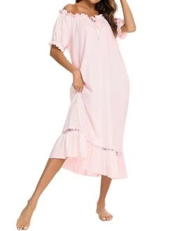 Women's Pajamas Nightgown Dress Pure Color Simple Casual Soft Home Daily Bed Polyester Breathable Crew Neck Short Sleeve Dress Spring Summer White Champagne -Deals The Sexy Bra Store rnfoii1675748286082