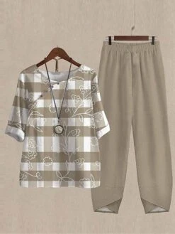 Women's Loungewear Sets Grid / Plaid Flower Fashion Casual Street Date Airport Polyester Breathable Crew Neck Half Sleeve T Shirt Tee Pant Summer Spring Light Green Pink -Deals The Sexy Bra Store rnybcl1679973737793