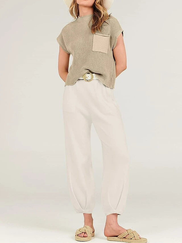 Women's Knit Lounge Sets Top And High Waisted Pants Pure Color Casual Comfort Soft Home Street Daily Polyester Breathable Stand Collar Short Sleeve Sweater Pant Pocket Summer Fall Black Brown 8 Women's Knit Lounge Sets Top And High Waisted Pants Pure Color Casual Comfort Soft Home Street Daily Polyester Breathable Stand Collar Short Sleeve Sweater Pant Pocket Summer Fall Black Brown - Image 8