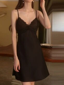 Women's Lace Slip Lingerie Dress Pajamas Nightgown Pure Color Fashion Hot Comfort Home Daily Bed Polyester Breathable Straps Sleeveless Backless Hole Chest Pads Fall Winter Lotus Pink Black -Deals The Sexy Bra Store rpmmbe1697161959357