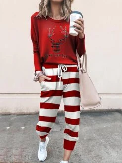 Women's Christmas Loungewear Sets Santa Claus Elk Sport Casual Comfort Home Xmas Daily Cotton Blend Breathable Lapel Long Sleeve Hoodie Pant Pocket Fall Winter Black White