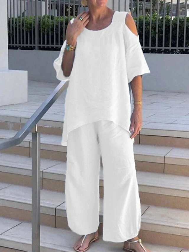 Women's Loungewear Sets Pure Color Fashion Simple Casual Street Daily Date Polyester Breathable Crew Neck Half Sleeve Pant Summer Spring Black White 1 Women's Loungewear Sets Pure Color Fashion Simple Casual Street Daily Date Polyester Breathable Crew Neck Half Sleeve Pant Summer Spring Black White