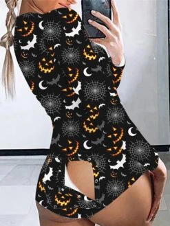 Women's Pajamas Onesie Cat Pumpkin Retro Gothic Punk & Gothic Carnival Halloween Polyester Breathable Crew Neck Long Sleeve Fall Winter Black White -Deals The Sexy Bra Store rqwjel1692257132088