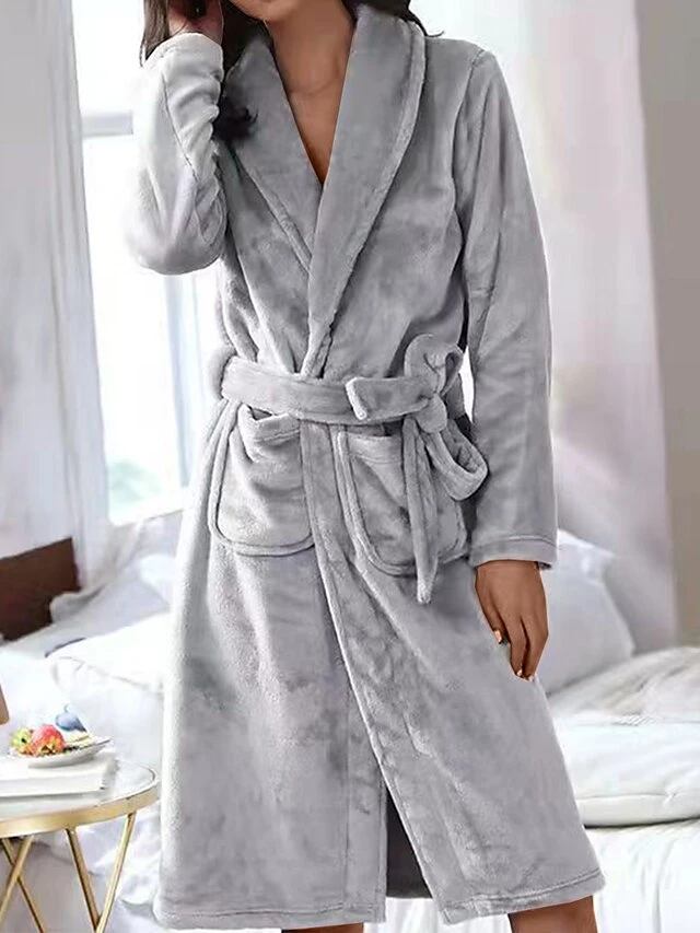 Women's Warm Robe Bathrobe Robes Gown Pure Color Fashion Casual Comfort Home Daily Bed Polyester Lapel Long Sleeve Fall Winter Light Grey Dark Blue 1 Women's Warm Robe Bathrobe Robes Gown Pure Color Fashion Casual Comfort Home Daily Bed Polyester Lapel Long Sleeve Fall Winter Light Grey Dark Blue