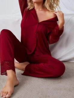 Women's Loungewear Sets Pure Color Fashion Comfort Soft Wedding Party Polyester Breathable Lapel Sleeveless Shirt Pant Button Fall Winter Black Red -Deals The Sexy Bra Store rsoool1692602325390