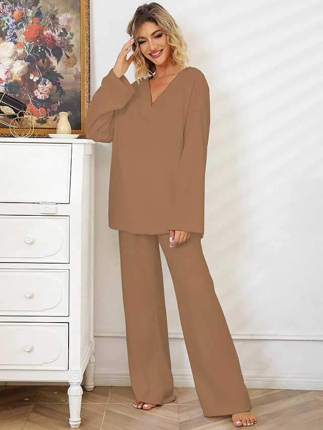 Women's Pajamas Sets Pure Color Fashion Casual Soft Home Daily Bed Polyester Breathable V Wire Long Sleeve Pant Summer Fall Black White 7 Women's Pajamas Sets Pure Color Fashion Casual Soft Home Daily Bed Polyester Breathable V Wire Long Sleeve Pant Summer Fall Black White - Image 7