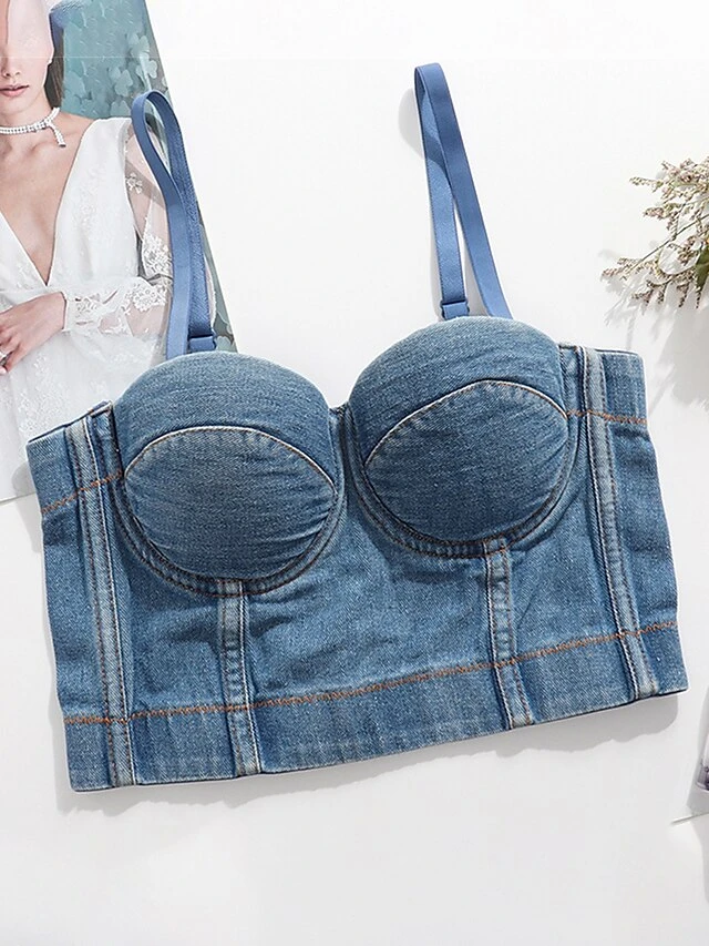 Women's Denim Corset Top Bustier Solid Fashion Bar Vacation Breathable Straps Sleeveless Backless Summer Spring Black Blue 1 Women's Denim Corset Top Bustier Solid Fashion Bar Vacation Breathable Straps Sleeveless Backless Summer Spring Black Blue