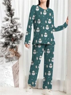Women's Christmas Pajamas Sets Snowman Snowflake Warm Comfort Soft Home Christmas Daily Polyester Gift Crew Neck Long Sleeve T Shirt Tee Fall Winter Black Blue -Deals The Sexy Bra Store rutqrw1697797077798