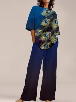 Women's Pajama Top And Pant Flower Comfort Home Daily Polyester Crew Neck Summer Spring Light Green Blue -Deals The Sexy Bra Store rvodkw1690959817880