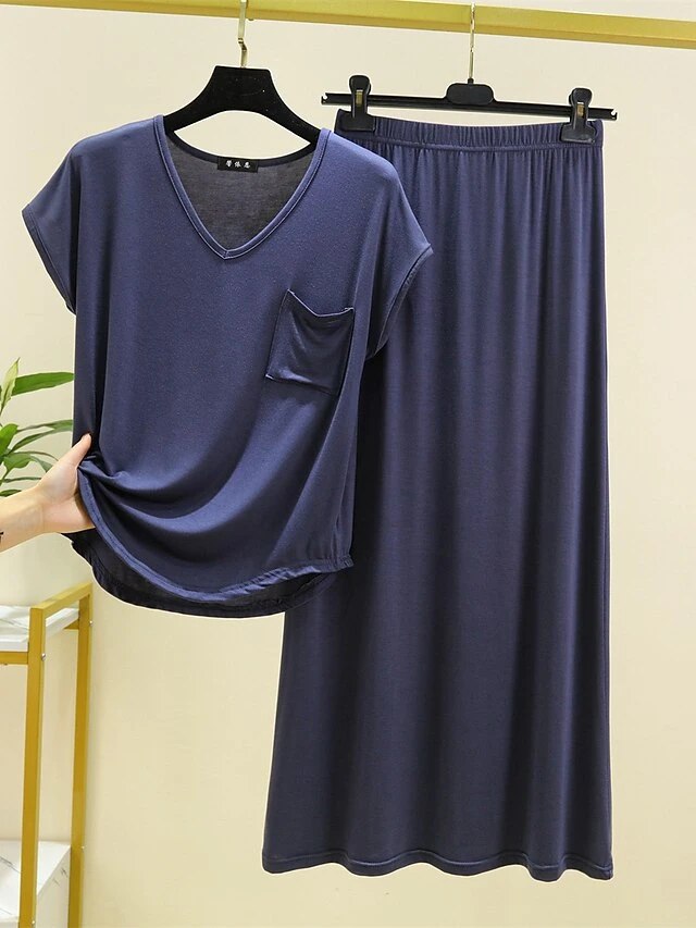 Women's Loungewear Sets Pure Color Casual Comfort Soft Home Daily Vacation Modal Breathable V Wire Short Sleeve T Shirt Tee Skirt Summer Fall Black Blue 1 Women's Loungewear Sets Pure Color Casual Comfort Soft Home Daily Vacation Modal Breathable V Wire Short Sleeve T Shirt Tee Skirt Summer Fall Black Blue