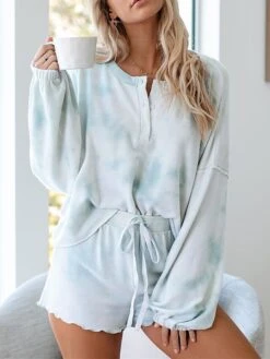 Women's Loungewear Sets Tie Dye Simple Casual Comfort Street Daily Vacation Polyester Breathable Crew Neck Long Sleeve Shorts Button Elastic Waist Spring Summer Purple Light Blue