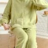 Women's Pajamas Sets Pure Color Warm Fashion Casual Home Daily Bed Flannel Warm Breathable Stand Collar Long Sleeve Cardigan Pant Pocket Fall Winter Purple Green