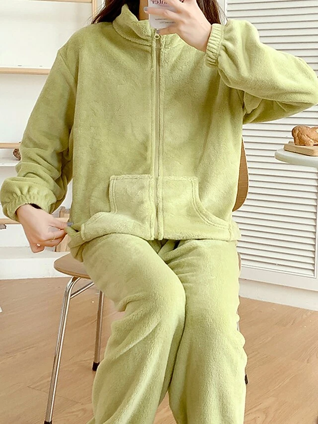 Women's Pajamas Sets Pure Color Warm Fashion Casual Home Daily Bed Flannel Warm Breathable Stand Collar Long Sleeve Cardigan Pant Pocket Fall Winter Purple Green 1 Women's Pajamas Sets Pure Color Warm Fashion Casual Home Daily Bed Flannel Warm Breathable Stand Collar Long Sleeve Cardigan Pant Pocket Fall Winter Purple Green