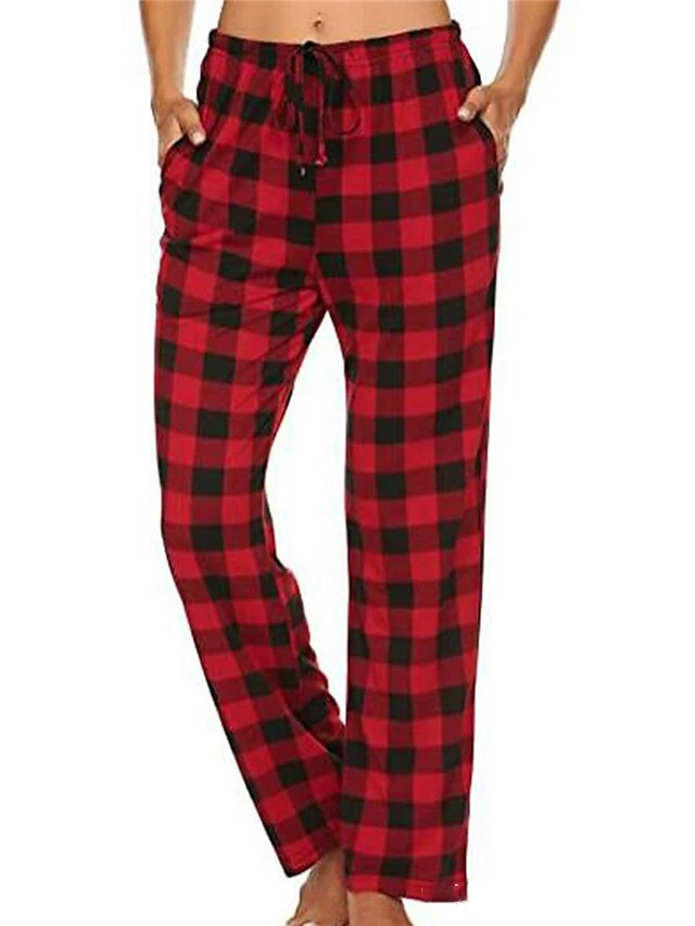 Women's Christmas Lounge Pants Grid / Plaid Simple Casual Comfort Home Daily Polyester Breathable Gift Pant Pocket Elastic Waist Fall Winter Black White 1 Women's Christmas Lounge Pants Grid / Plaid Simple Casual Comfort Home Daily Polyester Breathable Gift Pant Pocket Elastic Waist Fall Winter Black White