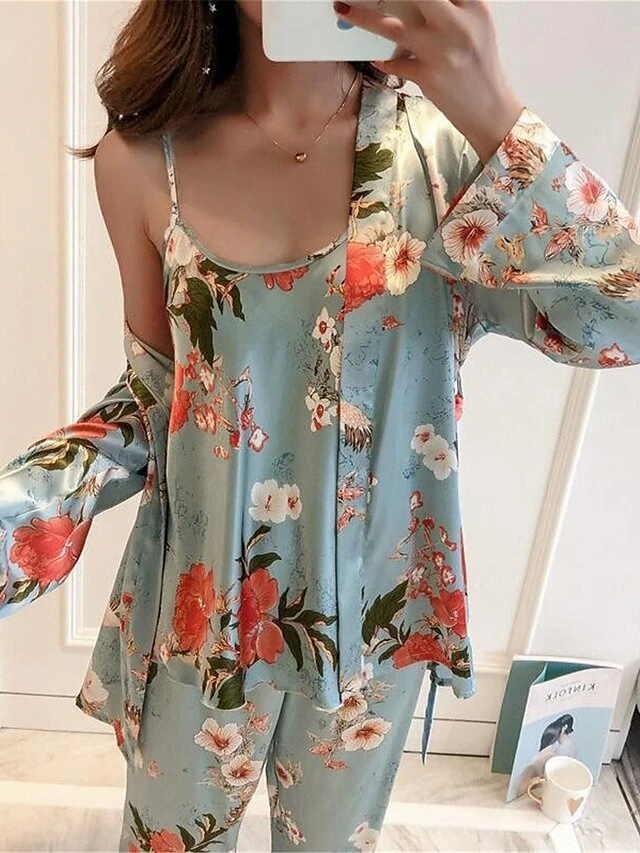 Women's Satin Silk Pajama Sets 3 Pcs Top And Pant Sets Flower Print Fashion Casual Soft Home Daily Bed Straps Sleeveless Strap Top Pant Summer Spring Gold Green 1 Women's Satin Silk Pajama Sets 3 Pcs Top And Pant Sets Flower Print Fashion Casual Soft Home Daily Bed Straps Sleeveless Strap Top Pant Summer Spring Gold Green