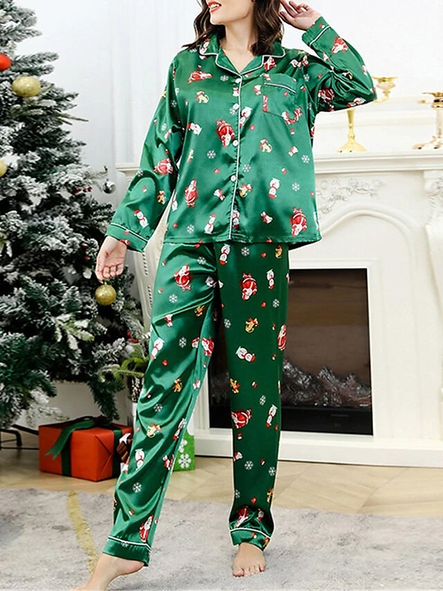 Women's Christmas Pajamas Sets Santa Claus Snowman Fashion Comfort Soft Home Xmas Daily Satin Breathable Lapel Long Sleeve Shirt Pant Button Pocket Fall Winter Green 6 Women's Christmas Pajamas Sets Santa Claus Snowman Fashion Comfort Soft Home Xmas Daily Satin Breathable Lapel Long Sleeve Shirt Pant Button Pocket Fall Winter Green - Image 6