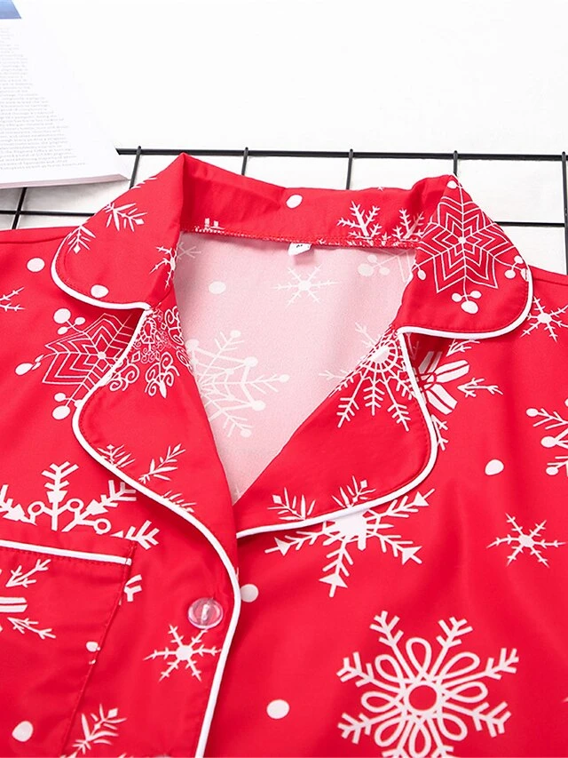 Women's Christmas Pajamas Sets Snowflake Fashion Comfort Soft Home Xmas Daily Polyester Breathable Lapel Long Sleeve Shirt Pant Button Pocket Fall Winter Red 4 Women's Christmas Pajamas Sets Snowflake Fashion Comfort Soft Home Xmas Daily Polyester Breathable Lapel Long Sleeve Shirt Pant Button Pocket Fall Winter Red - Image 4
