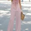 Women's Petite Sets 2 Pieces Abstract Casual Comfort Street Daily Polyester Breathable Crew Neck Sleeveless Pant Summer Spring Champagne Pink