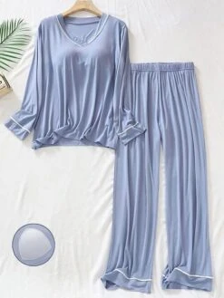 Women's Light Blue Pajamas Sets With Chest Pads Pure Color Simple Casual Comfort Home Daily Bed Modal Breathable Crew Neck Long Sleeve Chest Pads Fall Winter Lotus Pink Pink