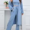 Women's Pajamas Sets 3 Pieces Pure Color Fashion Plush Casual Home Daily Bed Linen Breathable Crew Neck Long Sleeve Robe Top Pant Pocket Fall Winter Black Blue