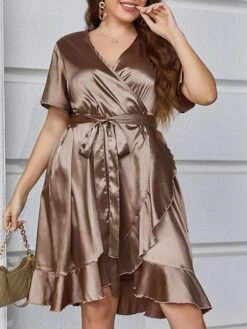 Women's Plus Size Loungewear Dress Pure Color Casual Comfort Sweet Home Daily Vacation Polyester Breathable V Wire Short Sleeve Dress Spring Summer Light Brown -Deals The Sexy Bra Store scpvrl1675748809121