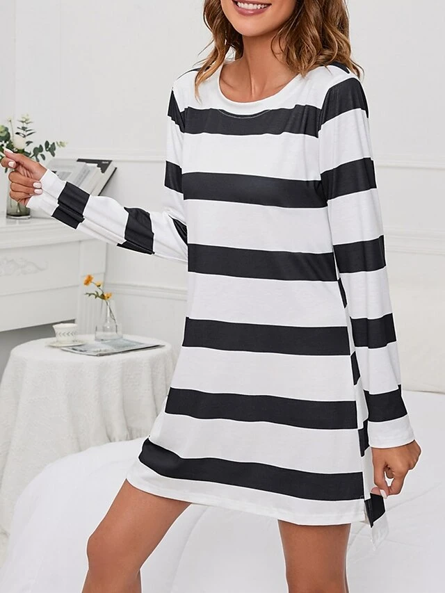 Women's Loungewear Nightgown Nightshirt Dress Stripe Basic Casual Comfort Home Daily Vacation Cotton Breathable Crew Neck Long Sleeve Summer Spring Black Green 16 Women's Loungewear Nightgown Nightshirt Dress Stripe Basic Casual Comfort Home Daily Vacation Cotton Breathable Crew Neck Long Sleeve Summer Spring Black Green - Image 16