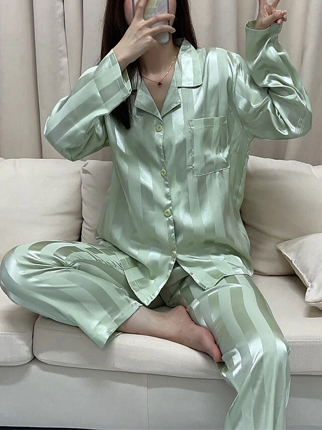 Women's Loungewear Sets 2 Pieces Stripe Fashion Casual Comfort Street Daily Date Silk Breathable Lapel Long Sleeve Pant Button Pocket Summer Fall Black White 8 Women's Loungewear Sets 2 Pieces Stripe Fashion Casual Comfort Street Daily Date Silk Breathable Lapel Long Sleeve Pant Button Pocket Summer Fall Black White - Image 8