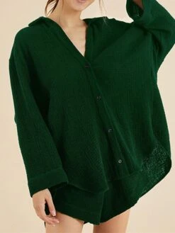 Women's Pajamas Pajama Top And Pant Sets Pure Color Simple Casual Soft Home Daily Bed Cotton Breathable Lapel Long Sleeve Shirt Shorts Button Fall Spring Black White -Deals The Sexy Bra Store sftdhy1673429701005