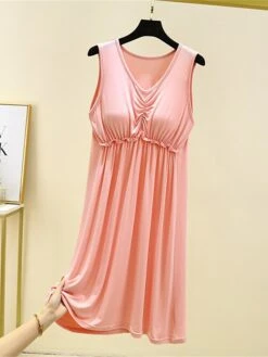 Women's Pajamas Nightgown Nightshirt Dress Pure Color Simple Casual Comfort Home Daily Bed Modal Breathable V Wire Sleeveless Chest Pads Summer Spring Lotus Pink Black -Deals The Sexy Bra Store shgljb1686903492941