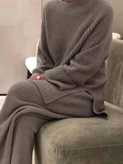 Women's Pajamas Sets Pure Color Fashion Casual Soft Home Daily Bed Knit Breathable Crew Neck Long Sleeve Pant Fall Winter Black Blue -Deals The Sexy Bra Store sibmdq1697793741043