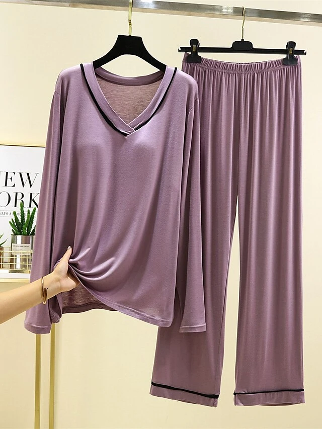 Women's Light Blue Pajamas Sets With Chest Pads Patchwork Casual Comfort Home Bed Modal Breathable V Wire Long Sleeve Shirt Pant Fall Winter Pink Blue 2 Women's Light Blue Pajamas Sets With Chest Pads Patchwork Casual Comfort Home Bed Modal Breathable V Wire Long Sleeve Shirt Pant Fall Winter Pink Blue - Image 2