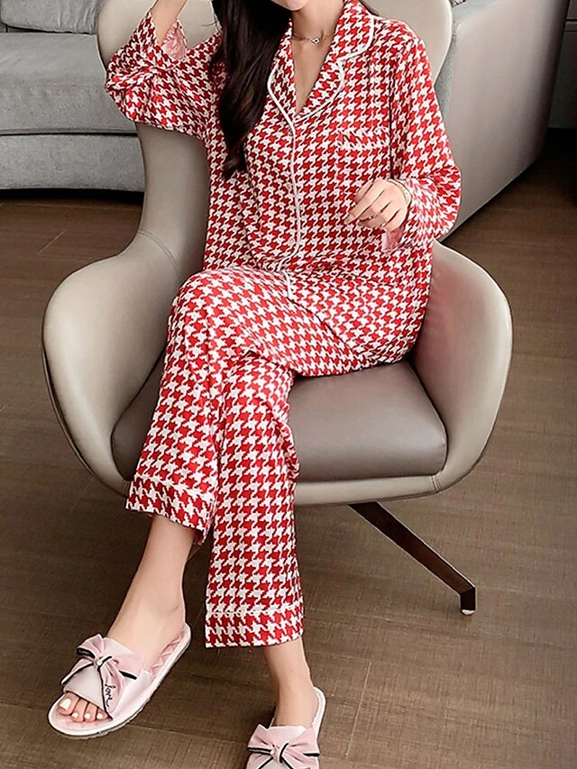 Women's Loungewear Sets Grid / Plaid Fashion Comfort Soft Home Daily Bed Ice Silk Breathable Lapel Long Sleeve Shirt Pant Button Pocket Fall Winter Black Pink 11 Women's Loungewear Sets Grid / Plaid Fashion Comfort Soft Home Daily Bed Ice Silk Breathable Lapel Long Sleeve Shirt Pant Button Pocket Fall Winter Black Pink - Image 11