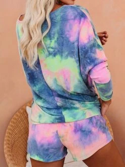 Women's Pajama Top And Pant Tie Dye Fashion Casual Soft Home Daily Bed Polyester Breathable One Shoulder Long Pant T Shirt Tee Shorts Summer Fall Light Green Blue -Deals The Sexy Bra Store sjwfyf1690183498838