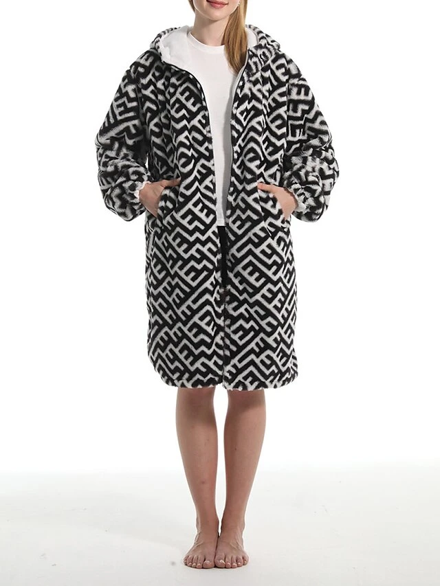 Women's Robe Geometic Plush Casual Comfort Home Daily Bed Flannel Warm Breathable Hoodie Long Sleeve Pocket Fall Winter Black 2 Women's Robe Geometic Plush Casual Comfort Home Daily Bed Flannel Warm Breathable Hoodie Long Sleeve Pocket Fall Winter Black - Image 2