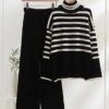 Women's Lounge Sets Striped Turtleneck Sweater And Wide Leg Pants Casual Comfort Home Street Daily Acrylic Breathable High Neck Long Sleeve Sweater Pant Fall Winter Black Brown