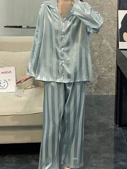 Women's Loungewear Sets 2 Pieces Stripe Fashion Casual Comfort Street Daily Date Silk Breathable Lapel Long Sleeve Pant Button Pocket Summer Fall Black White 16 Women's Loungewear Sets 2 Pieces Stripe Fashion Casual Comfort Street Daily Date Silk Breathable Lapel Long Sleeve Pant Button Pocket Summer Fall Black White -Deals The Sexy Bra Store skrzrb1689685027967