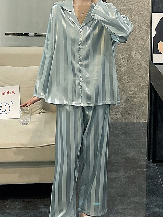 Women's Loungewear Sets 2 Pieces Stripe Fashion Casual Comfort Street Daily Date Silk Breathable Lapel Long Sleeve Pant Button Pocket Summer Fall Black White 5 Women's Loungewear Sets 2 Pieces Stripe Fashion Casual Comfort Street Daily Date Silk Breathable Lapel Long Sleeve Pant Button Pocket Summer Fall Black White - Image 5