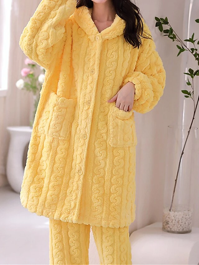 Women's Pajamas Sets Pure Color Warm Fashion Plush Home Daily Bed Coral Fleece Coral Velvet Warm Breathable Hoodie Long Sleeve Cardigan Pant Button Pocket Fall Winter Yellow Pink 3 Women's Pajamas Sets Pure Color Warm Fashion Plush Home Daily Bed Coral Fleece Coral Velvet Warm Breathable Hoodie Long Sleeve Cardigan Pant Button Pocket Fall Winter Yellow Pink - Image 3