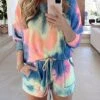 Women's Pajama Top And Pant Tie Dye Fashion Casual Soft Home Daily Bed Polyester Breathable One Shoulder Long Pant T Shirt Tee Shorts Summer Fall Light Green Blue