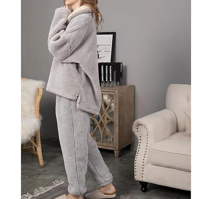 Women's Flannel Warm Pajamas Sets Nighty Pure Color Plush Fashion Comfort Home Christmas Vacation V Wire Long Sleeve Sweater Pant Elastic Waist Fall Winter Gray Purple / Lace Up 3 Women's Flannel Warm Pajamas Sets Nighty Pure Color Plush Fashion Comfort Home Christmas Vacation V Wire Long Sleeve Sweater Pant Elastic Waist Fall Winter Gray Purple / Lace Up - Image 3