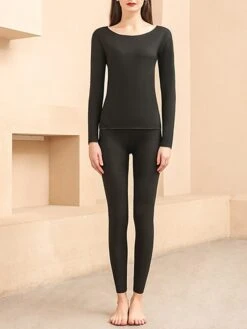 Women's Pajamas Thermal Set Pure Color Warm Fashion Comfort Home Daily Bed Polyester Comfort Warm Crew Neck Long Sleeve T Shirt Tee Pant Fall Winter Black Pink -Deals The Sexy Bra Store soyfse1692927371653