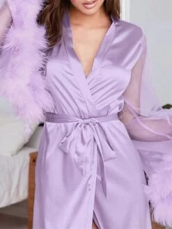 Women's Pajamas Robes Gown Bathrobes Nighty 1 PCS Pure Color Fashion Comfort Satin Home Daily Bed Satin Breathable Gift V Wire Long Sleeve Feather Spring Summer Black Purple -Deals The Sexy Bra Store sptevq1646302410235