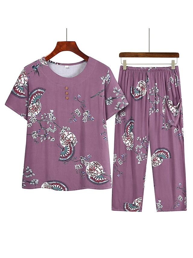 Women's Plus Size Loungewear Sets Flower Leaves Simple Casual Comfort Home Daily Vacation Polyester Breathable Crew Neck Short Sleeve T Shirt Tee Summer Spring Lake Blue Army Green 2 Women's Plus Size Loungewear Sets Flower Leaves Simple Casual Comfort Home Daily Vacation Polyester Breathable Crew Neck Short Sleeve T Shirt Tee Summer Spring Lake Blue Army Green - Image 2