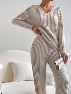 Women's Loungewear Sets Knit Drop Shoulder Tee Sweater And Pants Pure Color Home Street Daily Polyester Breathable V Wire Long Sleeve Sweater Pant Pocket Fall Winter Black Blue -Deals The Sexy Bra Store srzdep1692950058591