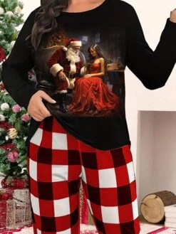 Women's Plus Size Christmas Pajamas Sets Santa Claus Grid / Plaid Warm Comfort Soft Home Christmas Daily Polyester Gift Crew Neck Long Sleeve T Shirt Tee Fall Winter Black White 5 Women's Plus Size Christmas Pajamas Sets Santa Claus Grid / Plaid Warm Comfort Soft Home Christmas Daily Polyester Gift Crew Neck Long Sleeve T Shirt Tee Fall Winter Black White -Deals The Sexy Bra Store ssxtor1697797068072