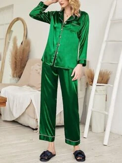 Women's Satin Silk Lounge Sets Satin Pajama Sets Pure Color Fashion Casual Comfort Home Daily Bed Satin Breathable Lapel Long Sleeve Shirt Pant Button Pocket Summer Fall Black White -Deals The Sexy Bra Store ssysas1689596452708