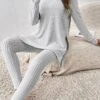 Women's Loungewear Sets Pure Color Simple Casual Comfort Home Daily Vacation Polyester Breathable Crew Neck Long Sleeve Sweater Pant Fall Winter Khaki Light Blue